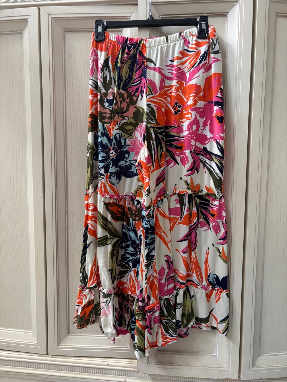 Coco Bianco Floral Wide Leg Tiered White  with Pink & Orange Blooms